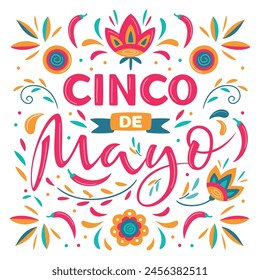 Cinco de Mayo, May 5, federal holiday in Mexico. Fiesta vector square banner design with Mexican floral traditional elements. Ornate folk graphic. Lettering ornamental sign for poster, greeting card