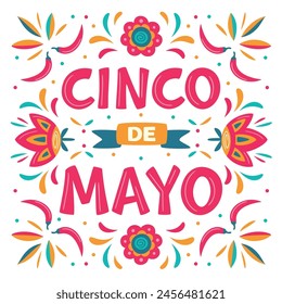 Cinco de Mayo, 5 de mayo, feriado federal en México. Diseño de Anuncio cuadrado de Vector Fiesta con Elementos tradicionales florales de México. Gráfico folclórico ornamentado. Letras de signo ornamental para el cartel, tarjeta de felicitación