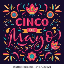 Cinco de Mayo, May 5, federal holiday in Mexico. Fiesta vector square banner design with Mexican floral traditional elements. Ornate folk graphic. Lettering ornamental sign for poster, greeting card