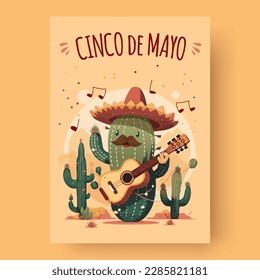 Cinco de Mayo bedeutet 5 Mei, ein Festival in Mexiko. Ein Kaktus-Charakter, der Gitarre spielt und Sombrero-Hut-Vektorgrafik trägt