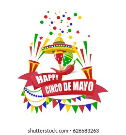 Cinco de Mayo. Merry holiday. Write with a wish for happiness on the tape. Sombrero, crackers, candies, flags, maracas and red peppers. Vector illustration