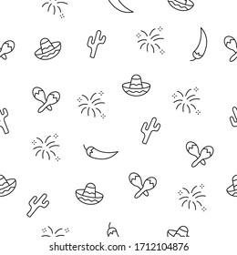 Cinco de mayo, mexica symbols simple seamless vector pattern. Contains icons such as mexican hat, cactus, chili pepper, maracas, fireworks and more.