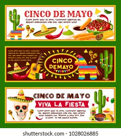 Cinco de Mayo Mexican banners templates for Mexico national holiday celebration and fiesta party. Vector design of traditional Mexican sombrero and skull, tacos or burrito snacks and tequila cactus