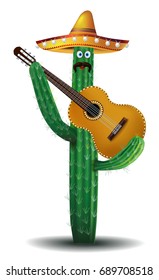 Cinco de Mayo. Mexican cactus in sombrero playing guitar. Isolated on white. vector illustration