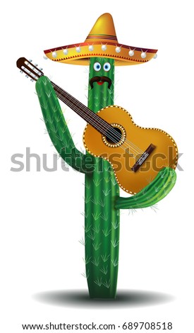 Cinco de Mayo. Mexican cactus in sombrero playing guitar. Isolated on white. vector illustration