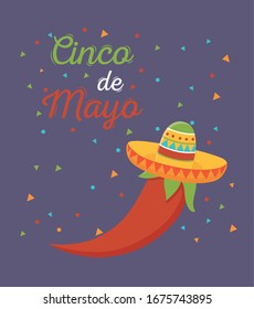 cinco de mayo mexican celebration chili pepper with hat card vector illustration