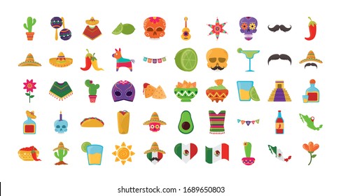Cinco de Mayo mexican celebration. Festive national party icon set vector illustration line style icon