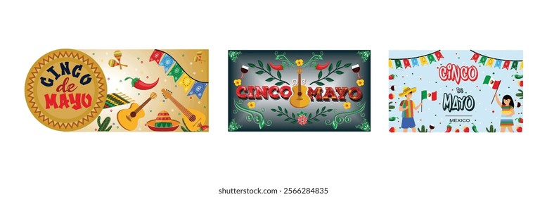 Cinco De Mayo Mexican Celebration. Artwork with guitar and Festive Decorations. Traditional Elements and Cultural Decorations. Setlat vector modern illustration 