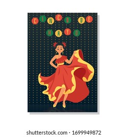 Cinco de mayo - Mexican dancer woman in red dress posing and smiling on dark background with colorful text, flat greeting card for national holiday - vector illustration.