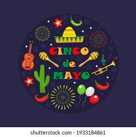 Cinco de Mayo Mexican federal holiday, fiesta greeting card, flyer, poster, invitation. Cinco de Mayo template for your design with sambrero, maracas. Vector illustration