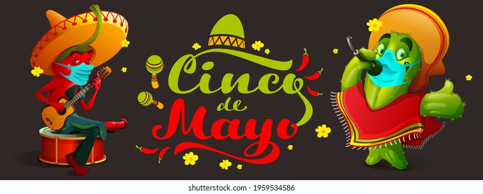 Cinco de mayo mexican festival during covid epidemic. Musicians pepper and cactus in medical mask. Vector banner cartoon illustration