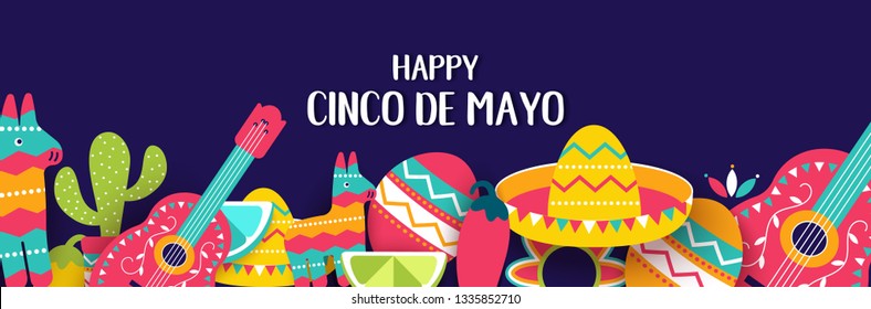 Cinco de Mayo Mexican festive banner. Horizontal poster of Mexican culture symbols collection: maracas, pinata, jalapeno, fruit, sombrero, cactus, guitar. Cinco de Mayo web header. Vector illustration