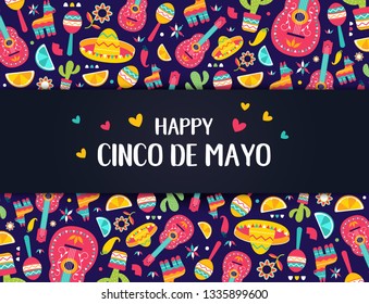 Cinco de Mayo Mexican festive banner. Horizontal poster of Mexican culture symbols collection: maracas, pinata, jalapeno, fruit, sombrero, cactus, guitar. Cinco de Mayo web header. Vector illustration