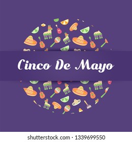 Cinco de Mayo Mexican festive banner in a round shape. Colorful Poster of Mexican culture symbols: maracas, pinata, fruits, sombrero, guitar. Cinco de Mayo pattern print, t-shirt. Vector illustration