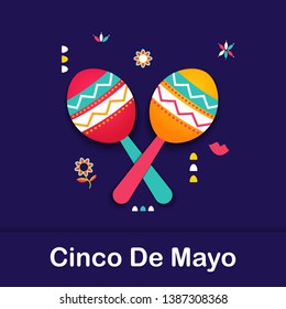 Cinco de Mayo Mexican festive banner. May 5 Federal holiday in Mexico. Fun poster of Latin culture symbol maracas, tribal imagery. Cinco de Mayo paper cut web tag, Fiesta card. Vector illustration