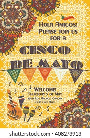 Cinco de Mayo Mexican festive poster template, background with ethnic ornament patterns, cut out paper banner, garland. Card template for greetings, invitations or posters with ethnic mandala pattern.