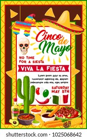 Cinco de Mayo mexican fiesta party banner with traditional holiday symbols. Sombrero hat, chili pepper or jalapeno and maracas, cactus, tequila margarita and nachos, burrito, guacamole and Mexico flag