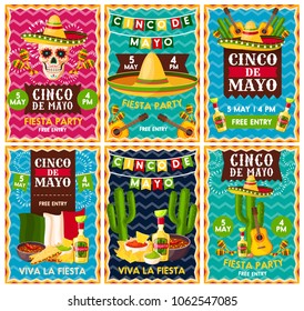 Cinco de Mayo mexican fiesta party banner set for Latin American holiday invitation design. Festive skull with sombrero hat, maracas and chili pepper, tequila margarita, guacamole, cactus and guitar