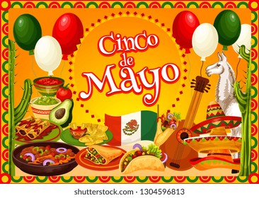 Cinco de Mayo Mexican fiesta party sombreros, guitar and cactus vector greeting card. Mexico flag, chilli tacos and nachos with avocado guacamole and tomato sauce, alpaca and balloons