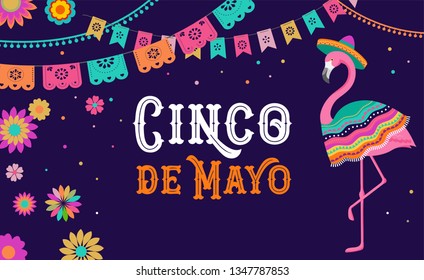 Cinco De Mayo, Mexican Fiesta Banner And Poster Design With Flamingo, Flowers, Decorations