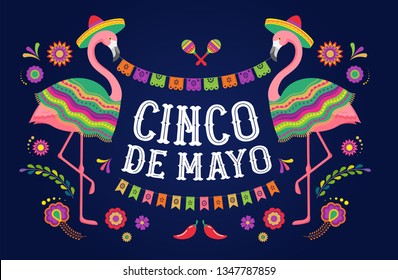 Cinco de mayo, Mexican Fiesta banner and poster design with flamingo, flowers, decorations