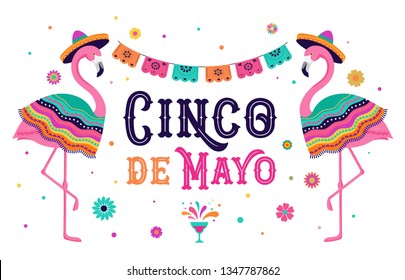 Cinco de mayo, Banner de la Fiesta Mexicana y diseño de afiches con flamingo, flores, decoraciones