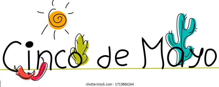 Cinco de Mayo, Mexican Fiesta, holiday poster, banner, greeting card.Cinco de Mayo with a calligraphic inscription, cacti and peppers . Isolated on a white background. Vector illustration.
