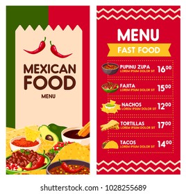 Cinco de Mayo Mexican food menu template for Mexico holiday celebration. Vector price design for Mexican fast food pipinu zupa, fajitas or nachos and tortillas or tacos for national party or fiesta