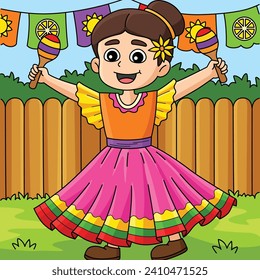 Cinco de Mayo Mexican Girl Maracas Colored Cartoon