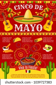 Cinco de Mayo Mexikanische Grußkartenposter für Mexiko Feiertage. Vektordesign von mexikanischen traditionellen Lebensmittel Burrito oder Tako und Avocado, Kaktus und Tequila mit Sombrero für Partyfiesta