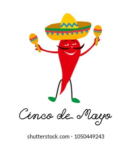 Cinco de Mayo mexican greeting card with hand drawn calligraphy lettering, and cheerful red pepper jalapeno in sombrero and with maracas. Isolated on white background. Vector illustration. 