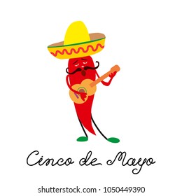 Cinco de Mayo mexican greeting card with cheerful red pepper jalapeno in sombrero and with guitar. Isolated on white background. Vector illustration. 