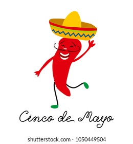 Cinco de Mayo mexican greeting card with hand drawn calligraphy lettering, and cheerful red pepper jalapeno in sombrero and with maracas. Isolated on white background. Vector illustration. 