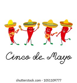 Cinco de Mayo mexican greeting card with and cheerful red peppers jalapeno in sombrero, guitar and with maracas. Isolated on white background. Vector illustration. 