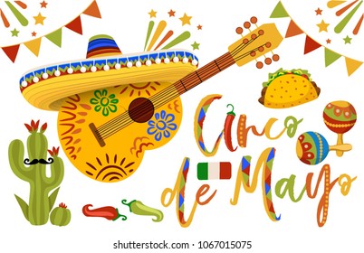 Cinco De Mayo Mexican greeting card design. Mexican holiday background. Design for Mexican holiday 5 may Cinco De Mayo. Vector template with traditional Mexican symbols