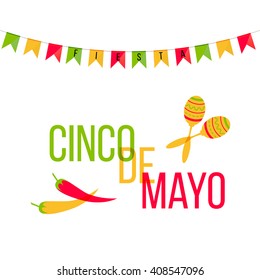 Cinco de Mayo mexican greeting card. Vector illustration with colorful flags and phrase Fiesta, jalapeno, cactus, sombrero and maracas.