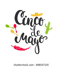 Cinco de Mayo mexican greeting card. Vector illustration with hand drawn sketch jalapeno, cactus, sombrero and maracas.