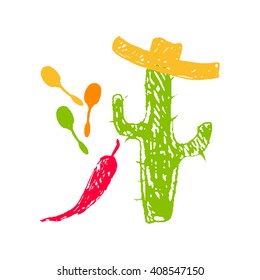 Cinco de Mayo mexican greeting card. Vector illustration with hand drawn sketch jalapeno, cactus, sombrero and maracas.