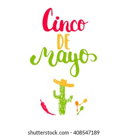 Cinco de Mayo mexican greeting card. Vector illustration with hand drawn sketch jalapeno, cactus, sombrero and maracas.