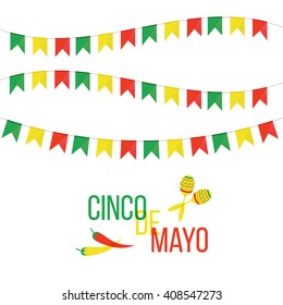 Cinco de Mayo mexican greeting card. Vector illustration with colorful flags, peppers and maracas.