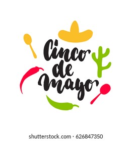 Cinco de Mayo mexican greeting lettering card. Vector illustration with hand drawn sketch jalapeno, cactus, sombrero and maracas