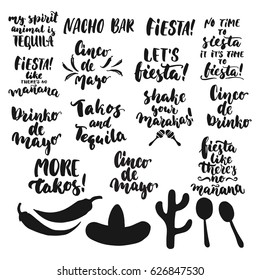 Cinco de Mayo mexican greeting elements set. Vector illustration with hand drawn sketch jalapeno, cactus, sombrero and maracas