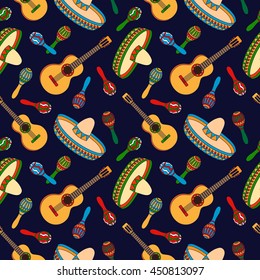 Cinco de Mayo Mexican hand drawn seamless pattern with guitar, sombrero and maracas. Vector illustration for wallpaper, gift paper, pattern fills.