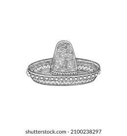 Cinco de Mayo Mexican hat or sombrero, sketch monochrome hand drawn vector illustration isolated on white background. Mexican traditional wide brimmed hat.