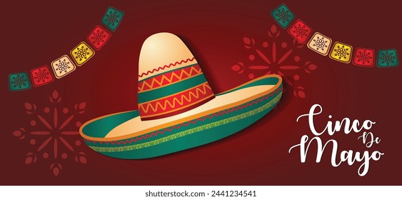 Cinco de Mayo Mexican hat with flags Mexican festival vector poster