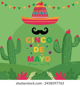 Cinco de mayo. Mexican hat with mustache. Cacti. Vector illustration