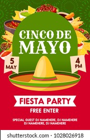 Cinco de Mayo mexican holiday sombrero with festive food invitation banner for fiesta party template. Mexican hat with taco, burrito and nacho, avocado guacamole, chili pepper salsa sauce and churros