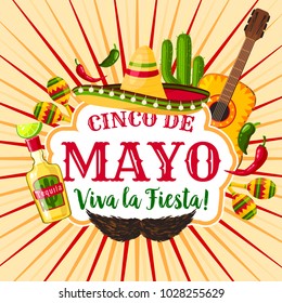 Cinco de Mayo mexican holiday greeting poster. Fiesta party sombrero, maracas, chili and jalapeno pepper, tequila margarita, cactus and guitar for Latin American spring festival themes design