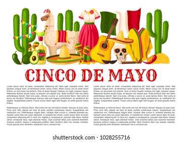 Cinco de Mayo Mexican holiday celebration poster for Mexico national holiday party or fiesta. Vector design of traditional Mexican sombrero, jalapeno pepper, guitar and cactus tequila and Mexico flag