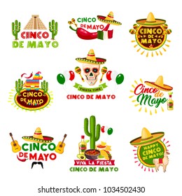 Cinco de Mayo Mexican holiday celebration icons. Vector set of Mexico Aztec pyramid, sombrero hat and skull with jalapeno chili pepper, guitar and tequila for party or greeting card design template